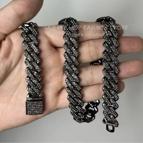 Cuban Link Chain Bling Iced Out Paved Miami Black Necklace 18” - Picture 2 of 5